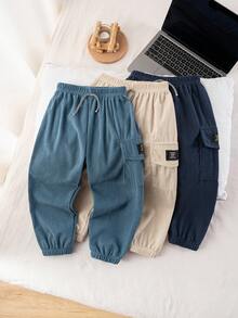 3pcs/Pack Corduroy Long Pants - Elastic Waist, Cargo Pockets - Casual Outdoor Sports - Suitable For Spring, Autumn, Winter - Multicolor - View 1