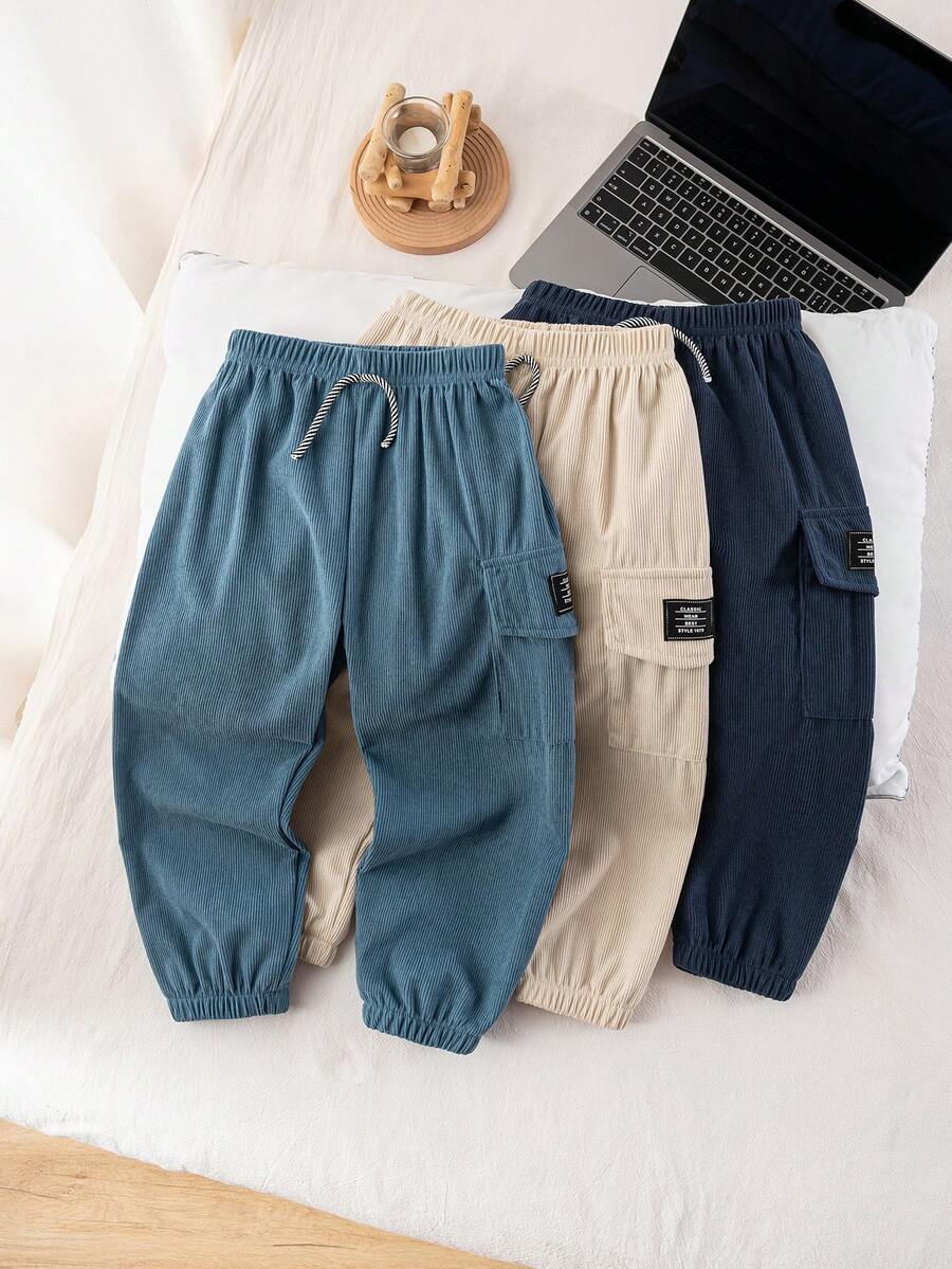 3pcs/Pack Corduroy Long Pants - Elastic Waist, Cargo Pockets - Casual Outdoor Sports - Suitable For Spring, Autumn, Winter - Multicolor - View 1