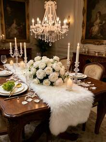 1pc White Faux Fur Table Runner, Christmas Winter Fluffy Faux Fur Table Runner, Holiday Party Wedding Home Kitchen Dining Table Decor, Coffee Table And Vanity Table Theme Tablecloth, Holiday Kitchen Restaurant Table Decor, Photo Props, Party Supplies - White Plush - View 8