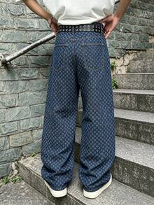Men's Deep Blue Jacquard Textured Wide Leg Jeans, Y2K Oversized Loose Streetwear Style - Blue - View 3