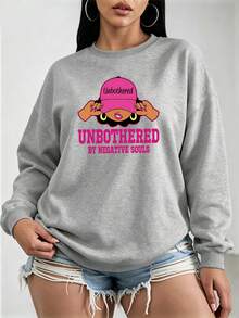 大尺碼女款圓領運動衫 Y2K 風格 Unbothered 勵志標語圖案印花，秋冬日常街頭風運動衫 - 灰色 - 查看 1