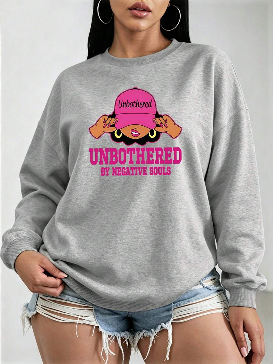 大尺碼女款圓領運動衫 Y2K 風格 Unbothered 勵志標語圖案印花,秋冬日常街頭風運動衫 - 灰色 - 查看 1