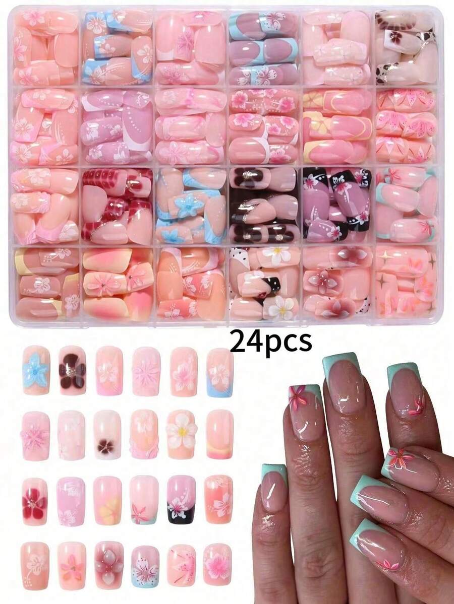 24pcs Random Y2K Short Square Painted French Press-On Nails, 3D Gel Flower, Ladybug, Polka Dot & Pearl Design, Spring Nail Art, Summer Nail Art, Easy-To-Wear Acrylic False Nail Set, Suitable For Girls Daily & Party Use - Multicolor - View 1
