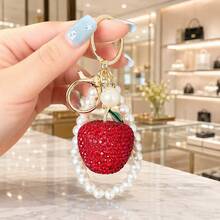 1pc Minimalist Fashion Rhinestone Apple Keychain With Pearl Pendant Phone Bag Charm, Suitable For Girls Christmas - Multicolor - View 3