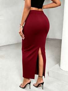 RNU Red Elegant Commuter High Waist Slim Fit Sexy Slit Pencil Skirt, Casual Office Party Versatile Solid Color Skirt For Spring Summer Autumn Winter, Halloween Valentine's Day Christmas New Year Outfit - Red - View 9