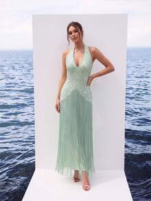 FEELAIR Sexy Halter Neck Sleeveless Backless Heavy Rhinestone Tassel Maxi Dress, Suitable For Wedding, Holiday, Party, Women's Formal Evening - Mint Green - View 10