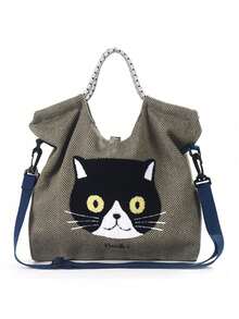 1pc New Fashion Versatile Embroidered Cute Cat Head Pattern Large Capacity Foldable Shopping Tote Bag With Shoulder Strap And Buckle - Multicolor - View 8