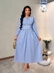 BIUBIU Women's Plus Size Striped Button Detailed Long Tunic Dress With Round Neck, Long Regular Sleeves, And Woven Fabric For Casual Or Modest Fall Wear - Blue - View 7