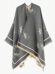 1pc Men's Vintage Ginkgo Leaf Jacquard Tassel Knit Cape Shawl, Thickened Open Front Warm Wool-Like Wrap Cloak Coat - Multicolor - View 6