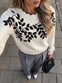 Women's Vintage Pullover Sweater, Black Leaf Embroidery With Fan-Shaped Trim, Long Sleeve Regular Fit, Suitable For Autumn/Winter Wear - Apricot - View 1