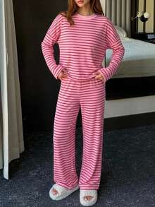 DAZY Women's Casual Striped Print Loose Round Neck Long Sleeve Pajama Set, Comfortable Loungewear Set - Rose Red - View 6