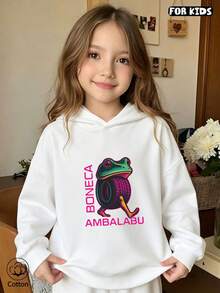 Kids' Cartoon Frog Hoodie: Loose Fit Cotton Sweatshirt With Pink & Green Text, Breathable Casual Pullover For Spring/Autumn, Cute Gift - White - View 3