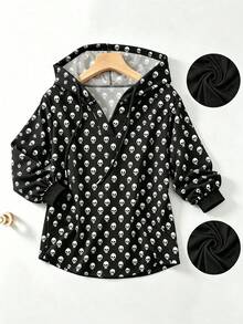 Women's Halloween Skull Print Drawstring Sweatshirt, Black Long Sleeve Hooded Sweatshirt, Autumn Spooky Fashion Knit Top - Black - View 4