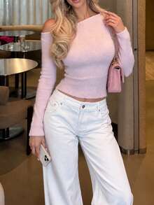FOR BEAUTY Fall Winter Y2K Elegant Casual Soft Pink Asymmetric Neck Off Shoulder Fluffy Knit Sweater Tops Women Going Out Party Outfits - Pink - View 2