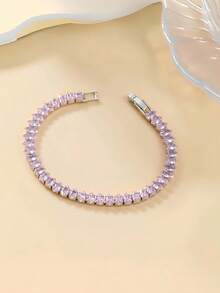 1pc 2.5mm Shiny Cubic Zirconia Tennis Bracelet, Classic Fashion Design Suitable For Daily Wear And Gift, Unisex - Pink - View 3