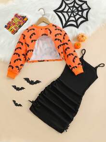 2Pcs Girls 2 Pieces Set Short Hollow-Out Bat Print Sweatshirt & Elastic Ribbed Slim Fit Cami Dress, Casual Vacation Halloween Autumn - Orange - View 3