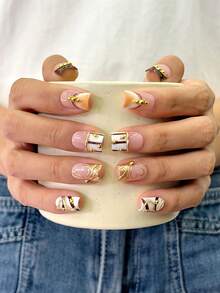 10pcs/Set Y2K Nails Handmade, Cute Nails, Pink Nails, Gold Nails, Golden Jewelry Nails & Brown Stripe Nails, Perfect For Parties & Daily Wear. Square Nails. Handmade Press On Nails Square, Short Fake Nails, Acrylic Nails, Handmade Nails, Fall Nails - Multicolor - View 2
