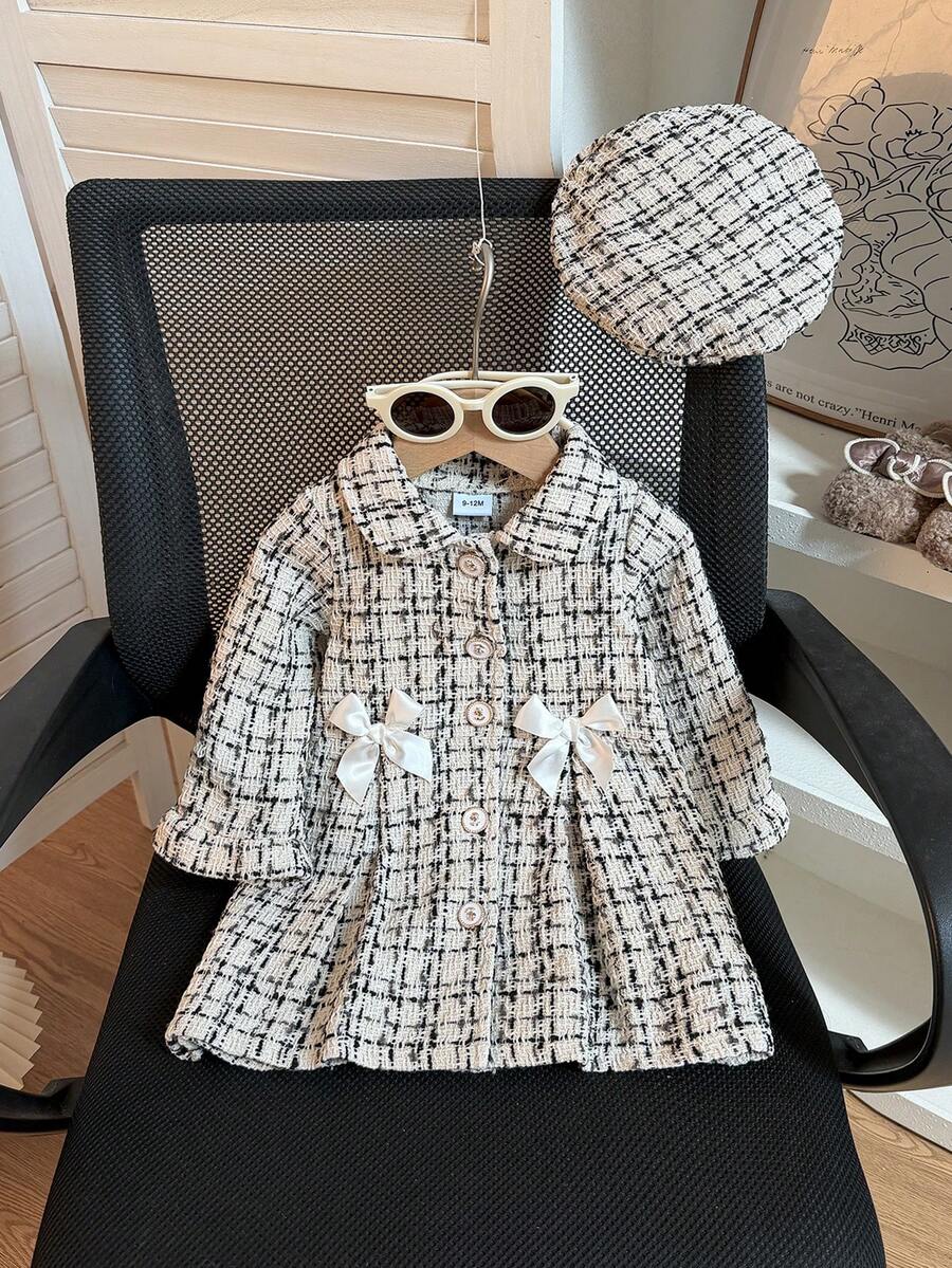 2pcs/Set Baby Girl Elegant Tweed Bow Long Sleeve Dress With Hat, Casual Autumn/Winter - Apricot - View 1