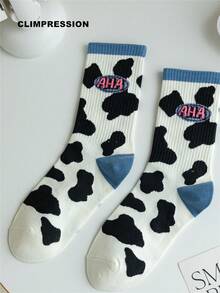 CLIMPRESSION Women's Cute Cow Print Boat Socks, White & Black Cow Print With Lettering, Fashion Pink Cuff Casual Cotton Mid-Calf Socks, Creative Everyday Socks - Pink - View 11