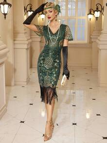 1920年代 Flapper 女裝洋裝，大亨小傳風格女款流蘇洋裝，咆哮20年代哈林之夜角色扮演服裝 - 綠色 - 查看 1