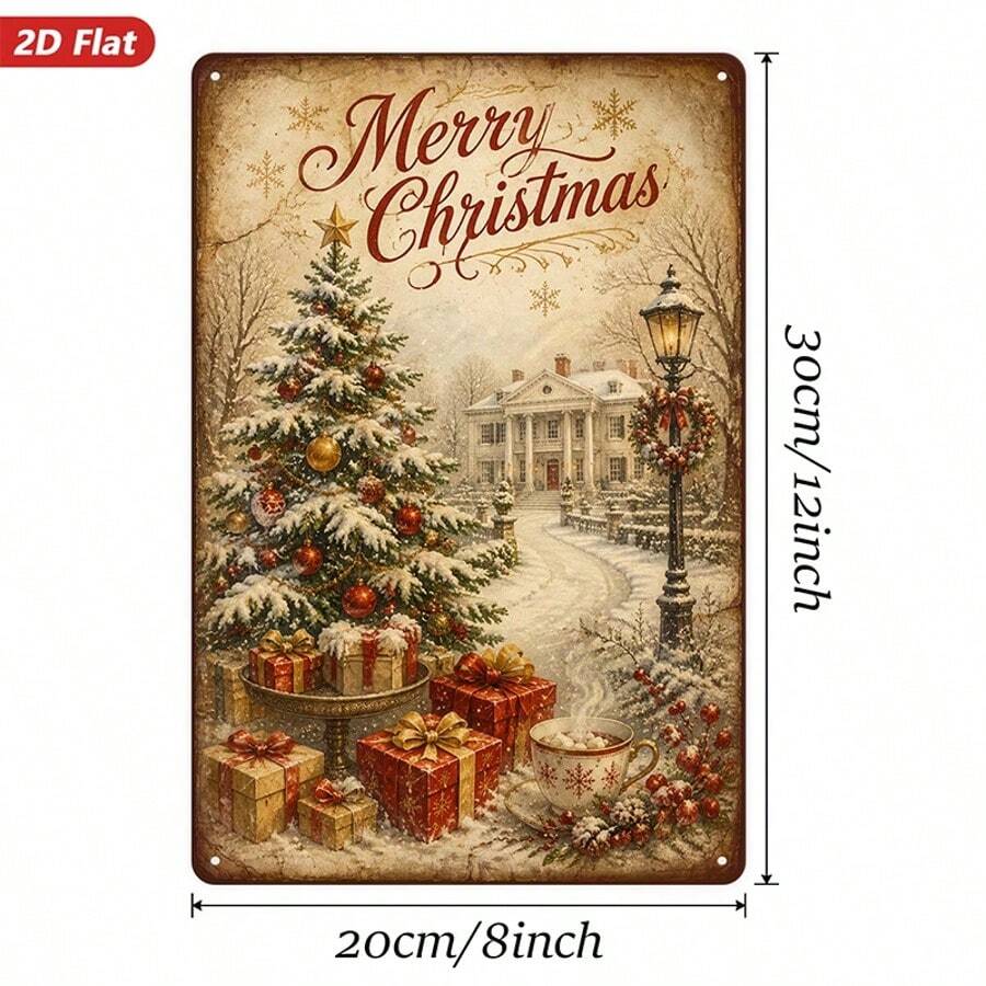 2D Flat Metal Wall Decor Sign, 1pc, Christmas Theme Home Decoration, Snow Scene Pattern, Decorative Tree And Gifts, Suitable For Living Room And Bedroom, Rounded Corner Design And Worry-Free, 4 Holes Easy To Hang, Windproof And Durable, 2D Flat Style - B - View 1