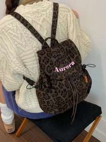 Tas Ransel Serut Motif Leopard Vintage Modis dengan Cetakan Huruf Sederhana, Tas Perjalanan Lipat Kapasitas Besar untuk Wanita dan Mahasiswa - Coffee Brown - View 3