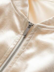 Women's Solid Color Long Sleeve Silk-Texture Bomber Jacket - Beige - View 3