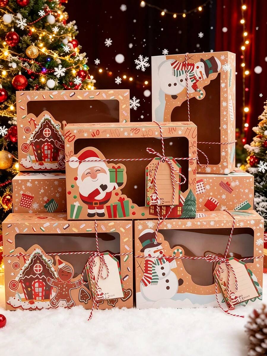 27pcs New Christmas Kraft Paper Window Gingerbread Gift Box, Creative Candy Gift Box, Santa Claus, Snowman And Gingerbread Man Pattern, Suitable For Christmas Birthday Gift Box, Christmas Party Planning, Home Baking Enthusiasts, Holiday Gifts