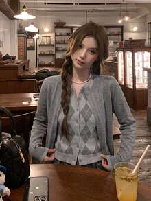 2-In-1 Argyle Knit Cardigan, Patchwork Diamond Pattern Round Neck Cropped Slim Fit Long Sleeve Knit Jacket - Gray - View 5