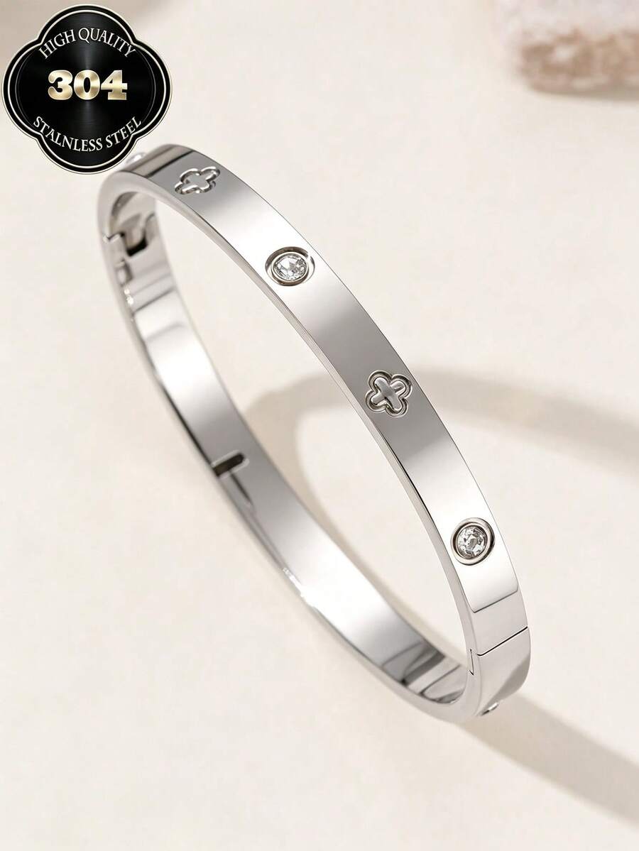 1 pieza Pulsera brazalete de acero inoxidable con diamantes de imitación, de moda y lujo, apropiada para el uso diario - Plateado - Ver 1