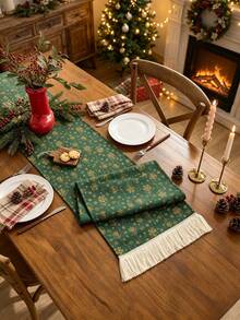 1PC Green Table Runner With Gold Bell & Snowflake Pattern, Foil Print, Farmhouse Christmas Style, Woven Fabric With Tassel Edge, Washable & Wrinkle Resistant, Decorative Table Runner For Dining Table, Coffee Table, Xmas Holiday Party Decoration - Green - View 2