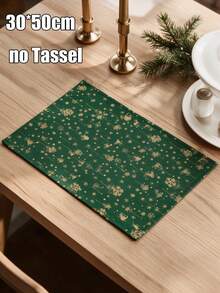 1PC Green Table Runner With Gold Bell & Snowflake Pattern, Foil Print, Farmhouse Christmas Style, Woven Fabric With Tassel Edge, Washable & Wrinkle Resistant, Decorative Table Runner For Dining Table, Coffee Table, Xmas Holiday Party Decoration - Green - View 14