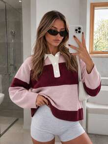 Spring/Autumn Multi-Color Contrast Lapel Long Sleeve Half-Button Cardigan Sweater - Pink and Wine Red - View 3