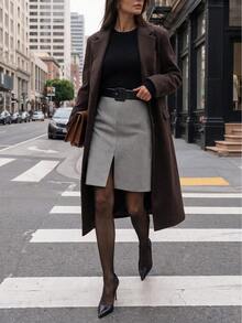 Women's Front Slit Straight Plaid Skirt, Casual Outing Date Commute Autumn Outfit - Black and White - View 1