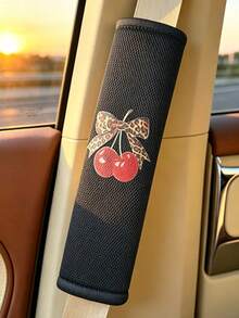 1pc Leopard Print Bow & Cherry Pattern Shoulder Strap Cover, Car Seat Belt Protector, Car Interior Decoration, Soft & Comfortable - A - View 2