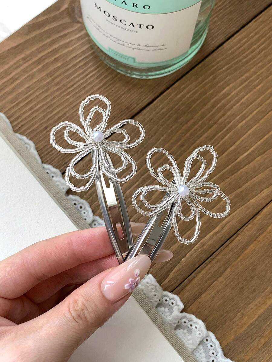 2件組時尚水鑽水晶花朵髮夾，女用前/側瀏海鱷魚夾，極簡百搭髮飾