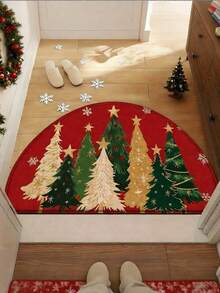 Product 2D Flat Print, Winter Christmas Themed Colorful Christmas Tree Pattern Doormat, Soft Flannel Welcome Mat, Non-Slip, Machine Washable, Foldable, Suitable For Bathr - Multicolor - View 1