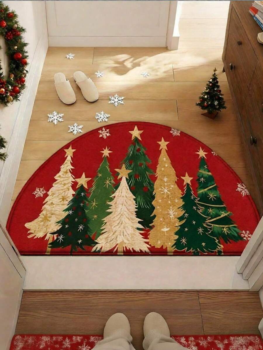 Product 2D Flat Print, Winter Christmas Themed Colorful Christmas Tree Pattern Doormat, Soft Flannel Welcome Mat, Non-Slip, Machine Washable, Foldable, Suitable For Bathr - Multicolor - View 1