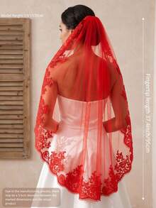 1 Pc Red Wedding Veil Lace Fingertip Length Bridal Veil With Comb For Theme Wedding Halloween Costumes - Multicolor - View 3
