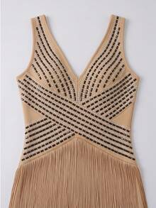 FEELAIR Luxury Gold Deep V-Neck Sleeveless Criss-Cross Design Rhinestone Tassel High Slit Fitted Maxi Dress, Formal Evening Party Gown - Khaki - View 8