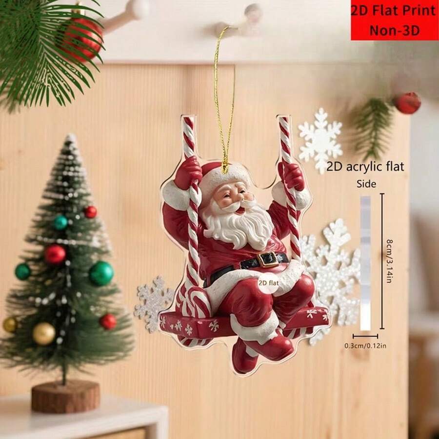 2pcs Acrylic Santa Claus Swing Ornament Candy Cane-Shaped Hook And Red-And-White Striped Sleigh Design Suitable For Indoor/Christmas Tree, Door, Window - Christmas Decoration 2D Flat - Multicolor - View 1