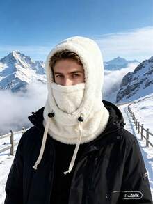 1pc Ski Hooded Face Mask, Fleece Lined Thickened All-In-One Full Coverage Adjustable Drawstring Windproof Warm, Ski Hooded Face Mask, Outdoor Functional Style Casual Versatile, All-In-One Full Coverage Design, Faux Lamb Fleece All-In-One Hooded Face And Neck Protection With Drawstring Closure, Suitable For Men And Women Winter Outdoor Enthusiasts, Skiing Snowboarding Electric Bike Riding Windproof Snowproof Warm Face Protection, Cold Weather Headwear, Winter Christmas New Year Birthday Valentine's Day Gift Outdoor Commuting Camping Travel Motorcycle Skiing Sports - Multicolor - View 6