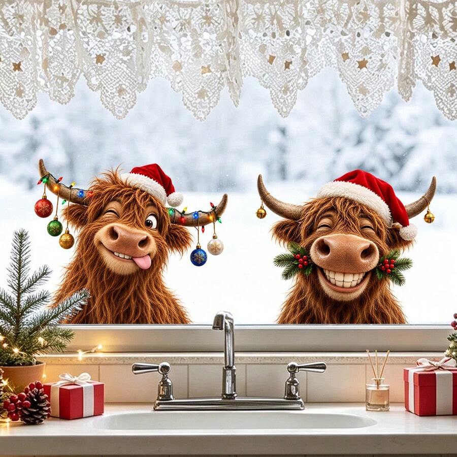 1/3pcs Cute Highland Cow With Christmas Hat Window Sticker, Double-Sided Visible PVC Static Cling Glass Decal, Suitable For Home, Store Window, Holiday Party Decoration - Multicolor - View 1