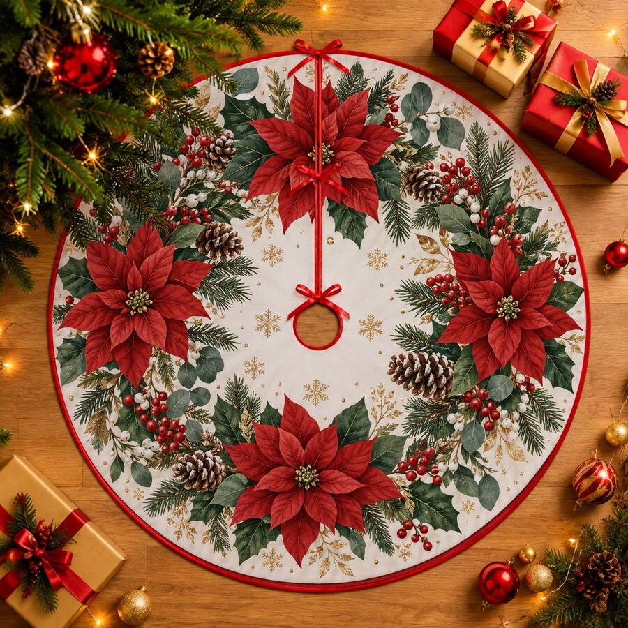 1pc Christmas Wreath Pattern Christmas Tree Skirt, Elegant Color Holiday Decoration, 5 Sizes, Unisex Holiday Gift, Suitable For Home And Party Christmas Decor - Christmas Wreath 4 - View 1