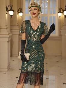 1920年代 Flapper 女裝洋裝，大亨小傳風格女款流蘇洋裝，咆哮20年代哈林之夜角色扮演服裝 - 綠色 - 查看 3