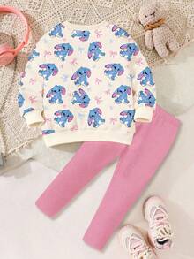 Young Girl Cartoon Pattern Round Neck Long Sleeve Sweatshirt And Leggings Casual Set - Apricot - View 2