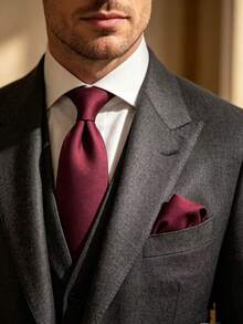 1pc Men's 8cm Textured Tie & Pocket Square 2 Pieces Set, Suitable For Wedding, Party, Groom, Business Casual, Birthday, Dinner Party - Burgundy - View 3