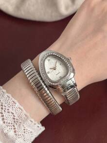 Women's Snake-Shaped Water Drop Quartz Watch, Rhinestone Bezel Elastic Band Wristwatch, Unique Bracelet Watch, Birthday Christmas Gift For Her - Silver - View 2