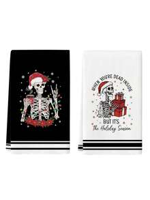 2 Pcs Christmas Skeleton Snowflake Letter Slogan Kitchen Towels Gothic Holiday Dish Towels Can Be Used In Kitchen Drying Hand Towels Tea Towels Suitable For Farmhouse Kitchen Home Indoor Dish Drying - Black and White - View 9