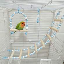 2件組天然木製鳥類梯子鞦韆玩具套裝，7層攀爬梯附掛鉤，鳥棲木吊床鞦韆，鳥類遊戲場籠具配件，適用於金絲雀、小葵花鸚鵡、八哥及其他小型寵鳥，實用籠飾 - A - 查看 7